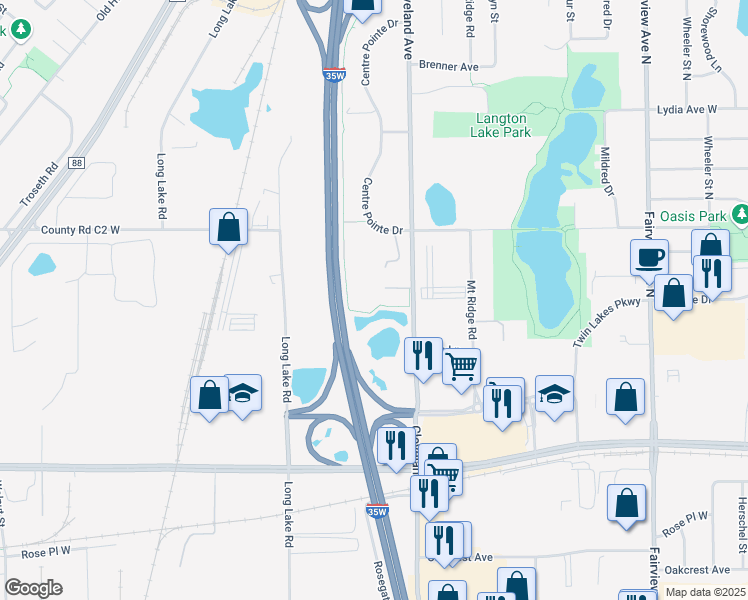 map of restaurants, bars, coffee shops, grocery stores, and more near 2815 Cleveland Avenue North in Roseville