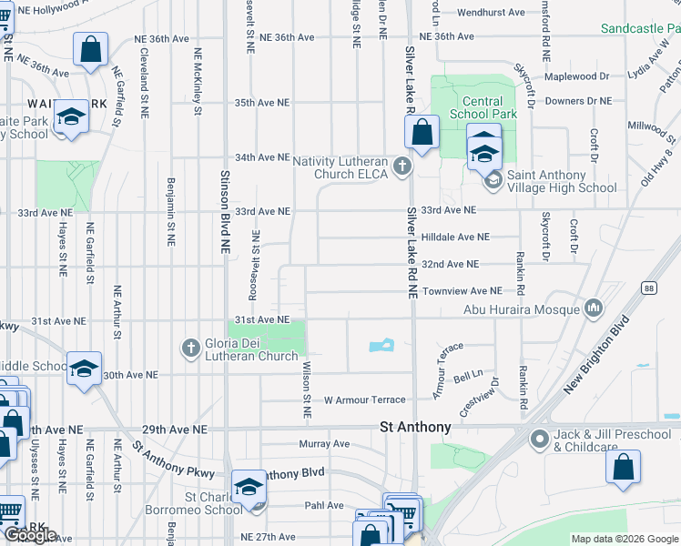 map of restaurants, bars, coffee shops, grocery stores, and more near 2708 32nd Avenue Northeast in Minneapolis