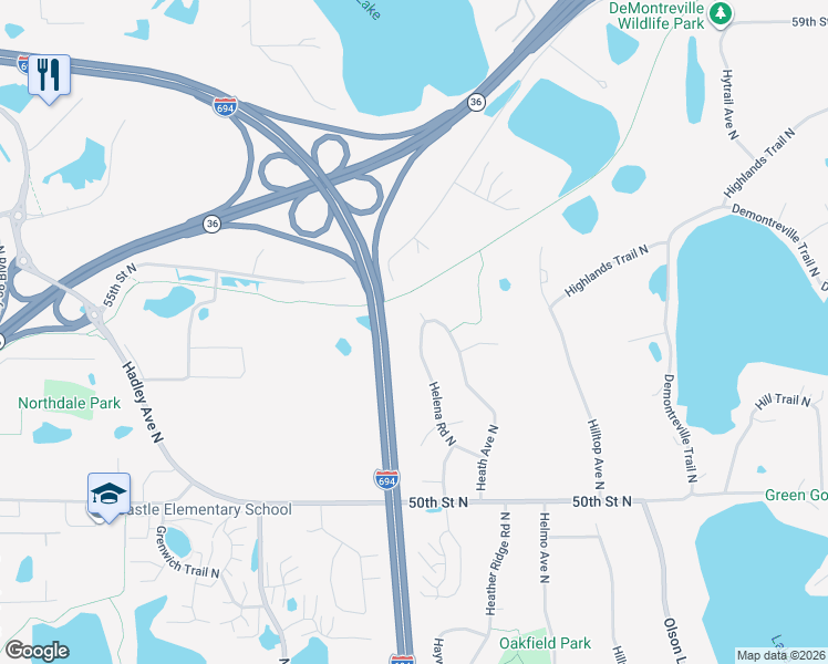 map of restaurants, bars, coffee shops, grocery stores, and more near 5436 Helena Road in Oakdale