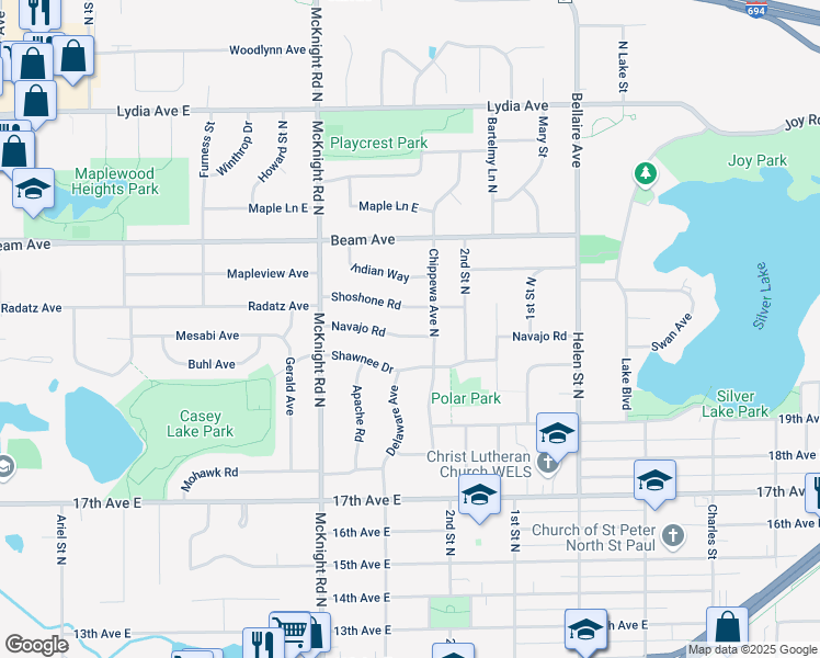 map of restaurants, bars, coffee shops, grocery stores, and more near 2345 Navajo Road in North Saint Paul