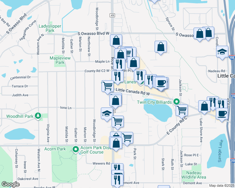 map of restaurants, bars, coffee shops, grocery stores, and more near 208 Alberta Lane in Little Canada