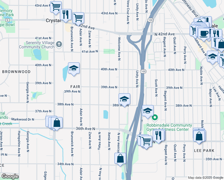 map of restaurants, bars, coffee shops, grocery stores, and more near 3845 Xenia Avenue North in Minneapolis