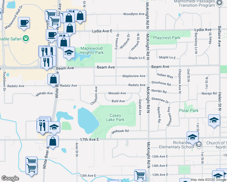 map of restaurants, bars, coffee shops, grocery stores, and more near 2130 Mesabi Avenue in North Saint Paul