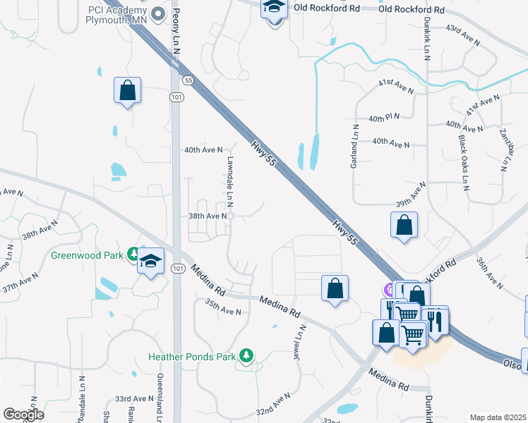 map of restaurants, bars, coffee shops, grocery stores, and more near 3790 Lawndale Lane North in Plymouth