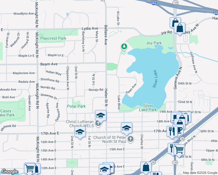 map of restaurants, bars, coffee shops, grocery stores, and more near 2792 Helen Street North in North Saint Paul