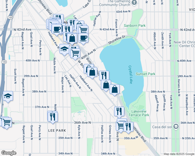 map of restaurants, bars, coffee shops, grocery stores, and more near 3852 West Broadway Avenue in Robbinsdale