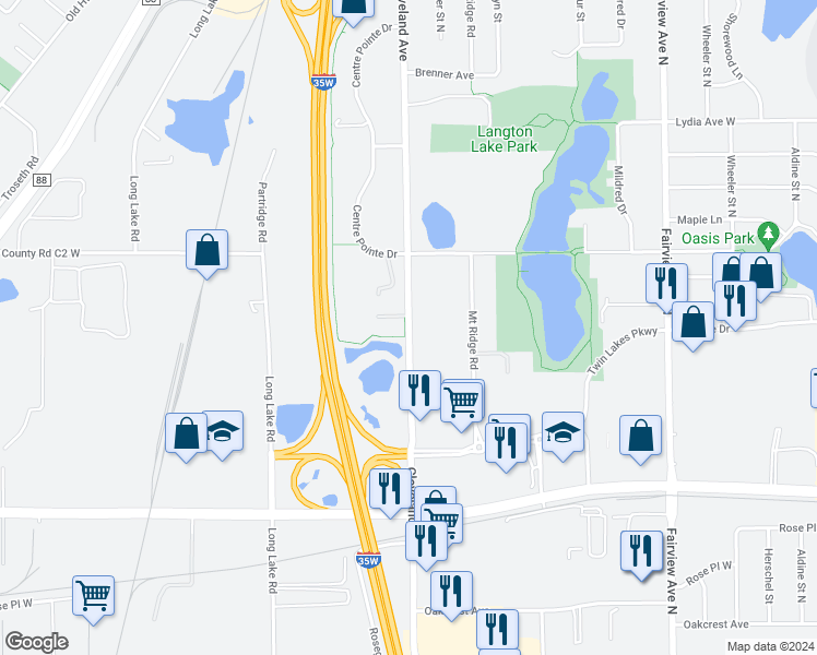 map of restaurants, bars, coffee shops, grocery stores, and more near 2815 Cleveland Avenue in Roseville