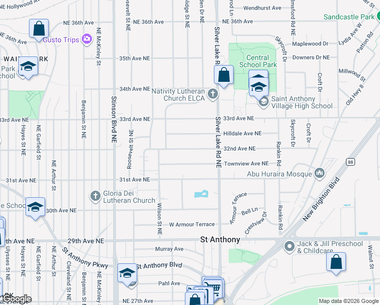 map of restaurants, bars, coffee shops, grocery stores, and more near 2820 32nd Avenue Northeast in Minneapolis