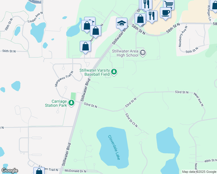 map of restaurants, bars, coffee shops, grocery stores, and more near 5380 Monarda Avenue North in Stillwater