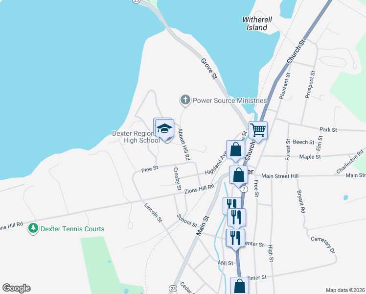 map of restaurants, bars, coffee shops, grocery stores, and more near 62 Abbott Hill Road in Dexter