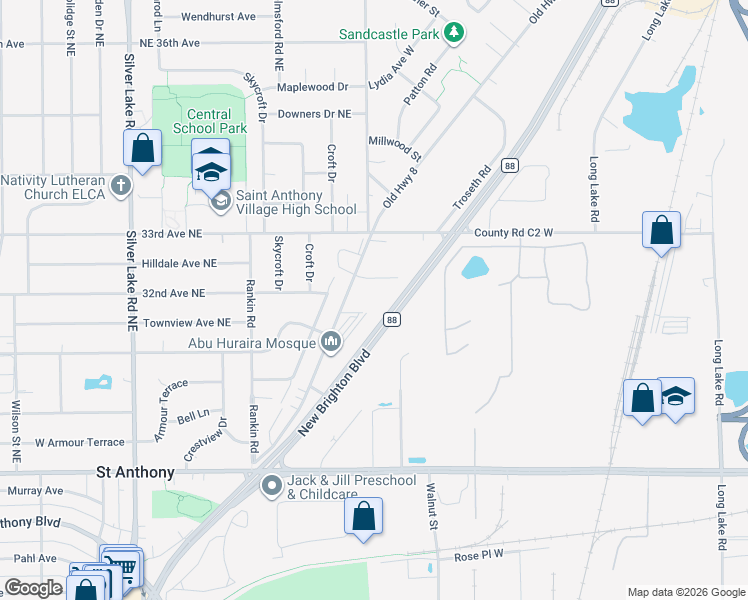 map of restaurants, bars, coffee shops, grocery stores, and more near 3153 Old Highway 8 in Minneapolis