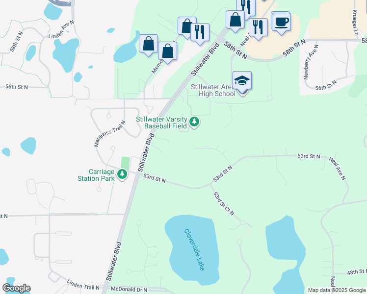 map of restaurants, bars, coffee shops, grocery stores, and more near 5380 Monarda Avenue North in Stillwater