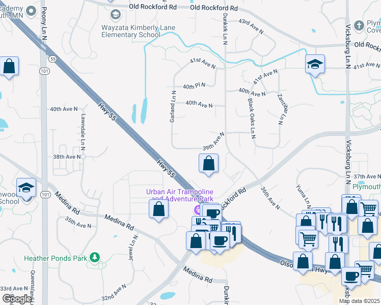 map of restaurants, bars, coffee shops, grocery stores, and more near 16909 39th Avenue North in Minneapolis
