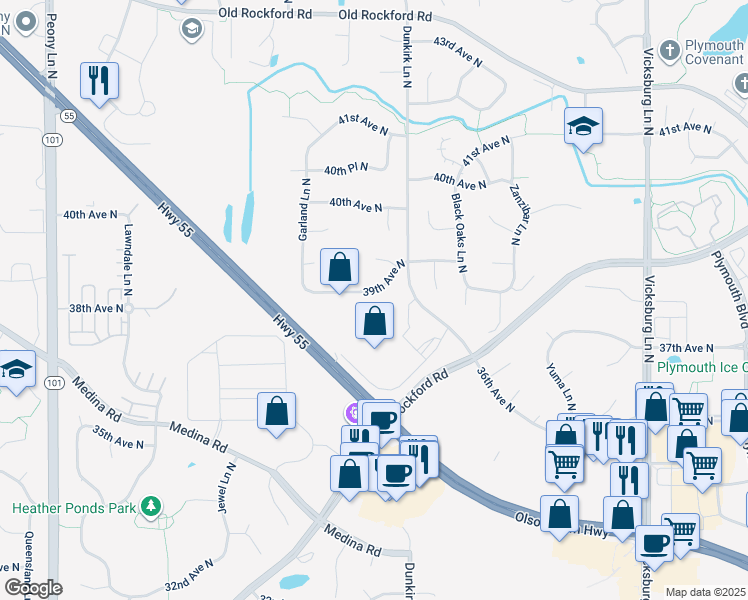 map of restaurants, bars, coffee shops, grocery stores, and more near 16801 39th Avenue North in Minneapolis