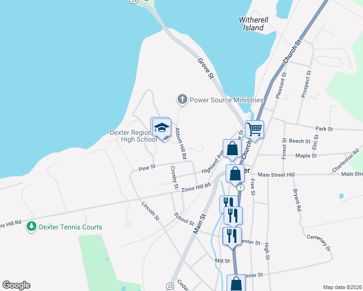 map of restaurants, bars, coffee shops, grocery stores, and more near 60 Abbott Hill Road in Dexter