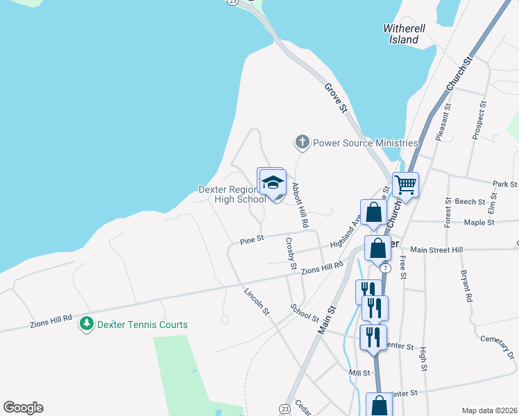 map of restaurants, bars, coffee shops, grocery stores, and more near 14 Abbott Hill Road in Dexter