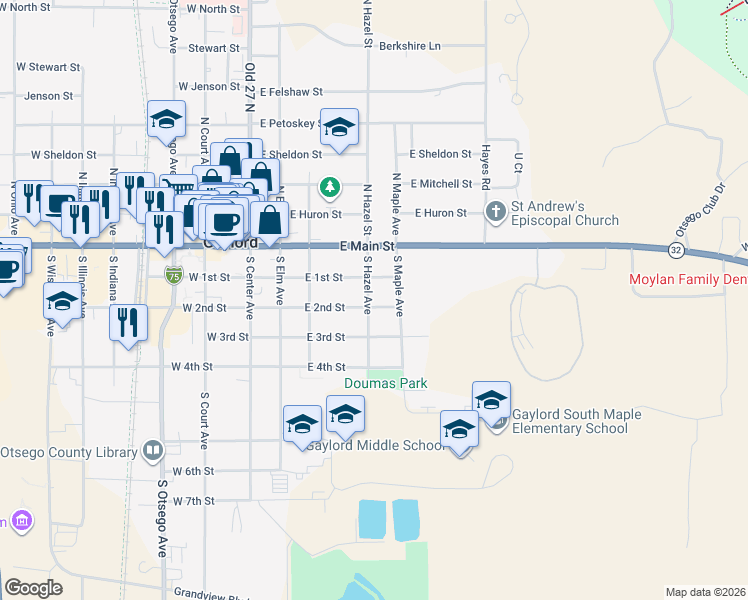 map of restaurants, bars, coffee shops, grocery stores, and more near 300-398 E 2nd St in Gaylord