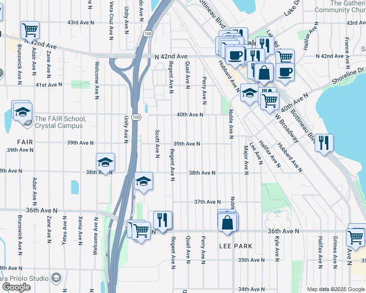 map of restaurants, bars, coffee shops, grocery stores, and more near 3847 Quail Avenue North in Minneapolis
