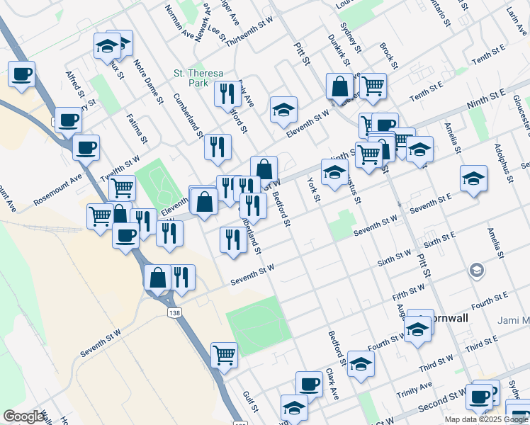 map of restaurants, bars, coffee shops, grocery stores, and more near 334 Andre Avenue in Cornwall