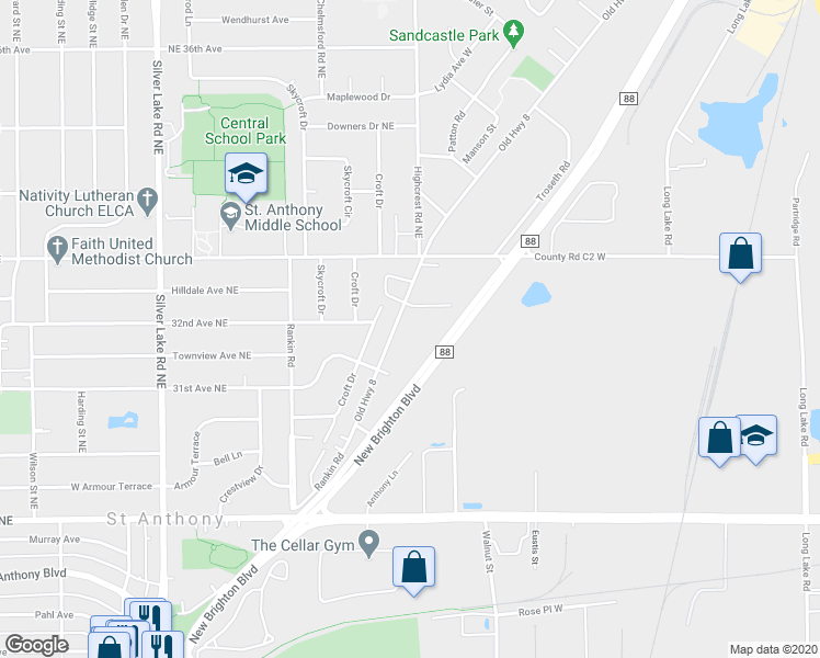 map of restaurants, bars, coffee shops, grocery stores, and more near 3153 Old Highway 8 in Minneapolis