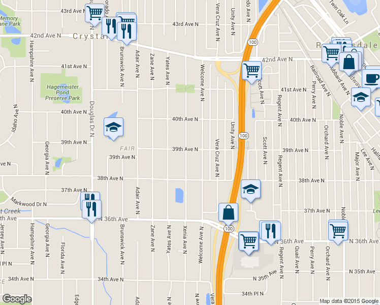 map of restaurants, bars, coffee shops, grocery stores, and more near 3845 Xenia Avenue North in Minneapolis