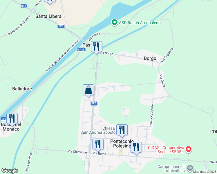 map of restaurants, bars, coffee shops, grocery stores, and more near 86 Via Ghetto in Pontecchio Polesine