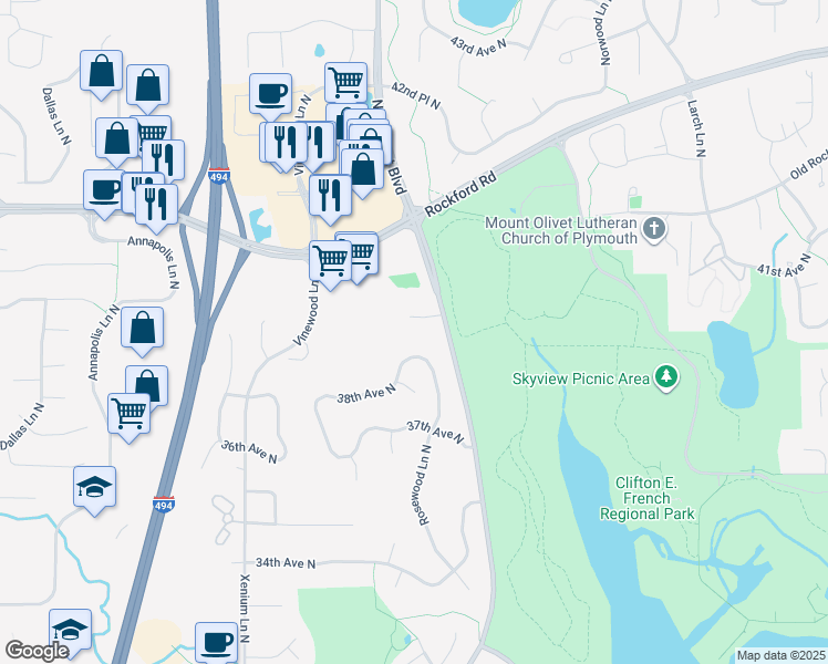 map of restaurants, bars, coffee shops, grocery stores, and more near 3760 Rosewood Lane North in Plymouth