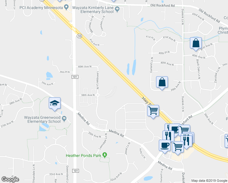map of restaurants, bars, coffee shops, grocery stores, and more near 3790 Lawndale Lane North in Plymouth