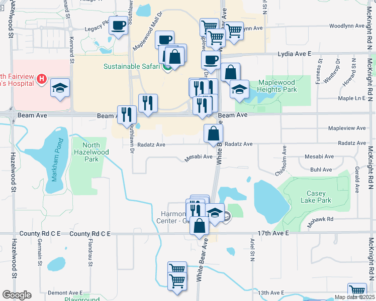 map of restaurants, bars, coffee shops, grocery stores, and more near 46 Mesabi Avenue in Maplewood