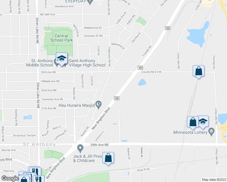 map of restaurants, bars, coffee shops, grocery stores, and more near 3153 Old Highway 8 in Minneapolis