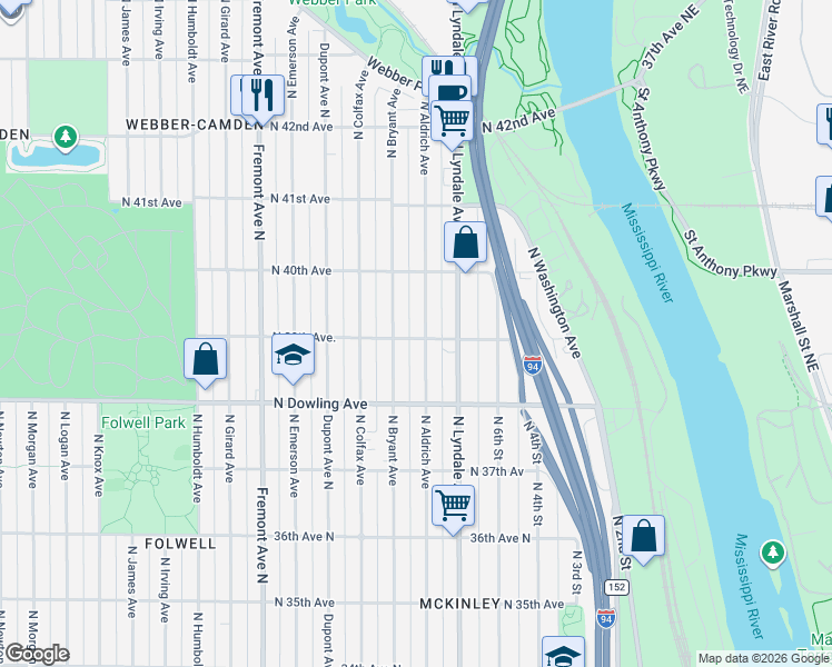 map of restaurants, bars, coffee shops, grocery stores, and more near 3855 North Aldrich Avenue in Minneapolis