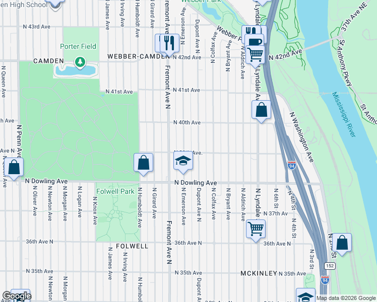 map of restaurants, bars, coffee shops, grocery stores, and more near 3854 North Emerson Avenue in Minneapolis