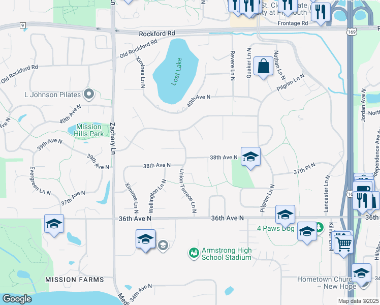 map of restaurants, bars, coffee shops, grocery stores, and more near 10525 38th Avenue North in Minneapolis