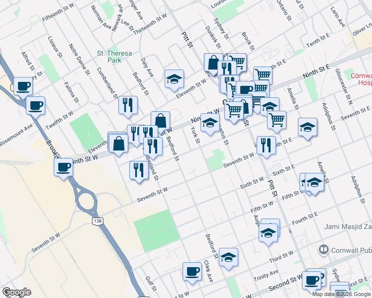 map of restaurants, bars, coffee shops, grocery stores, and more near 226 Eighth Street West in Cornwall