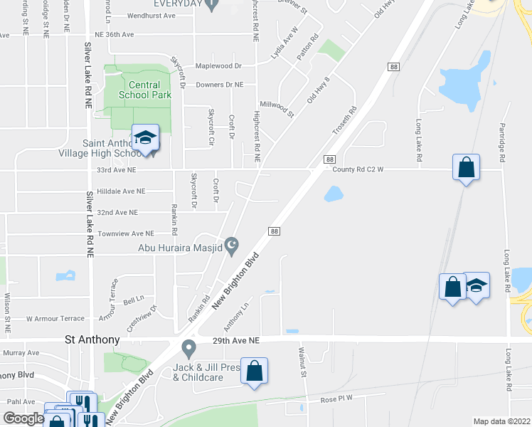 map of restaurants, bars, coffee shops, grocery stores, and more near 3153 Old Highway 8 in Minneapolis