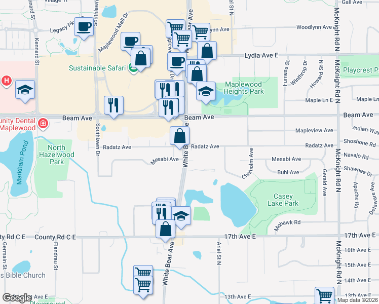 map of restaurants, bars, coffee shops, grocery stores, and more near 2810 White Bear Avenue in Maplewood