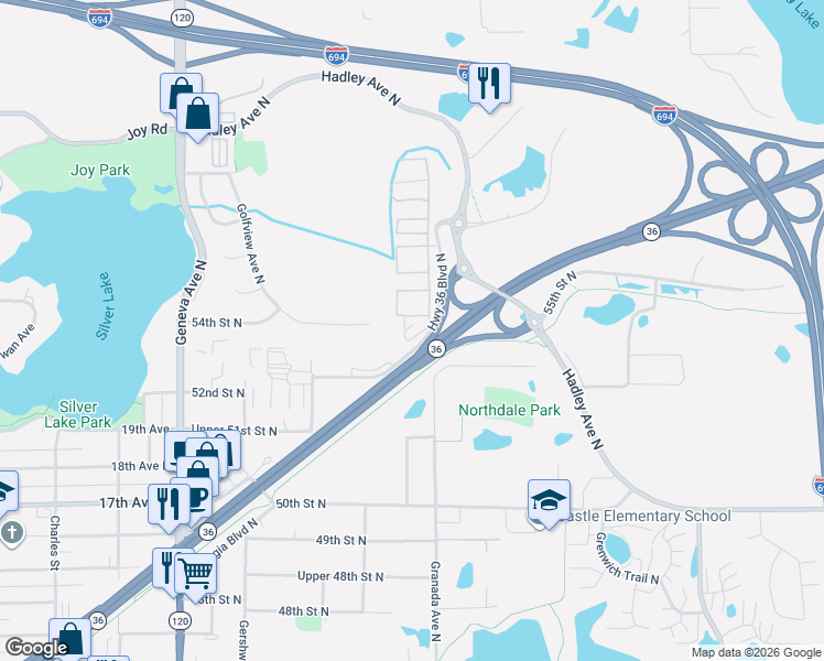 map of restaurants, bars, coffee shops, grocery stores, and more near 6450 Highway 36 Boulevard North in Oakdale