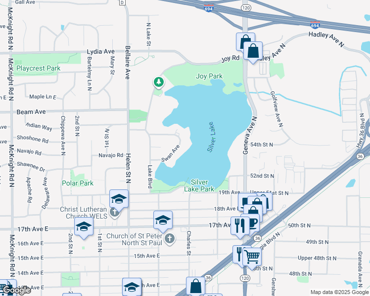 map of restaurants, bars, coffee shops, grocery stores, and more near 2614 Swan Avenue in Saint Paul