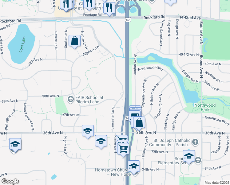 map of restaurants, bars, coffee shops, grocery stores, and more near 9600 37th Place North in Plymouth
