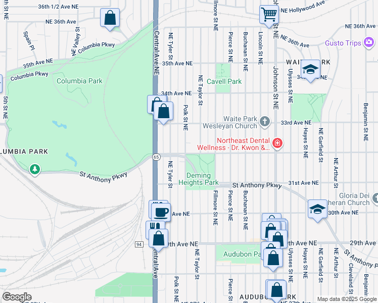 map of restaurants, bars, coffee shops, grocery stores, and more near 3148 Polk Street Northeast in Minneapolis