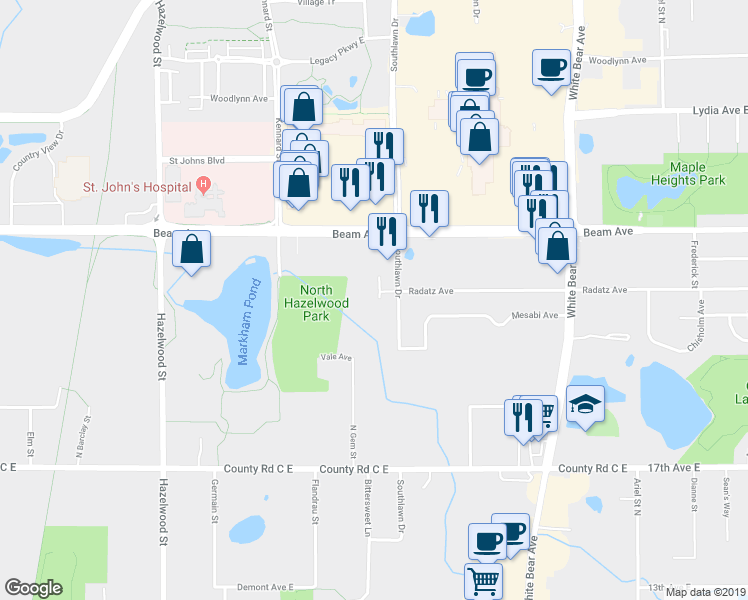 map of restaurants, bars, coffee shops, grocery stores, and more near 2811 Southlawn Drive in Maplewood