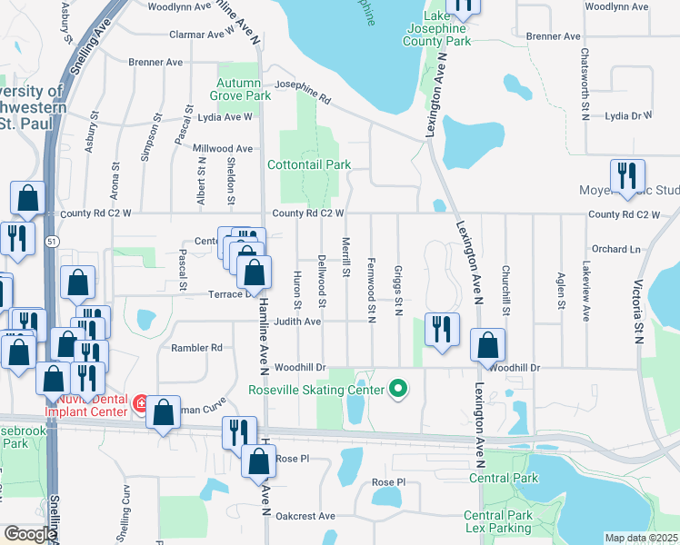 map of restaurants, bars, coffee shops, grocery stores, and more near 2815 Merrill Street in Roseville