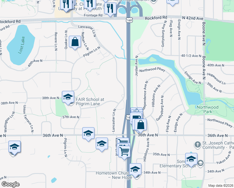 map of restaurants, bars, coffee shops, grocery stores, and more near 9630 37th Place North in Minneapolis