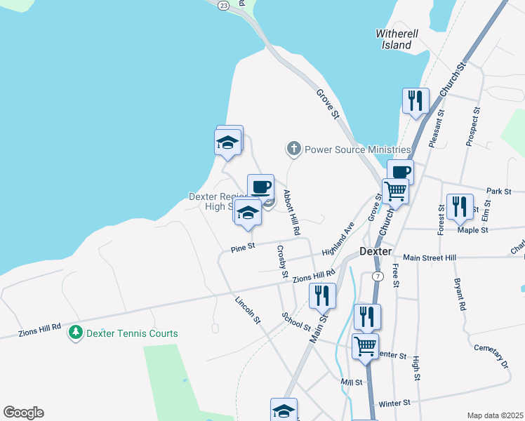map of restaurants, bars, coffee shops, grocery stores, and more near 12 Abbott Hill Road in Dexter