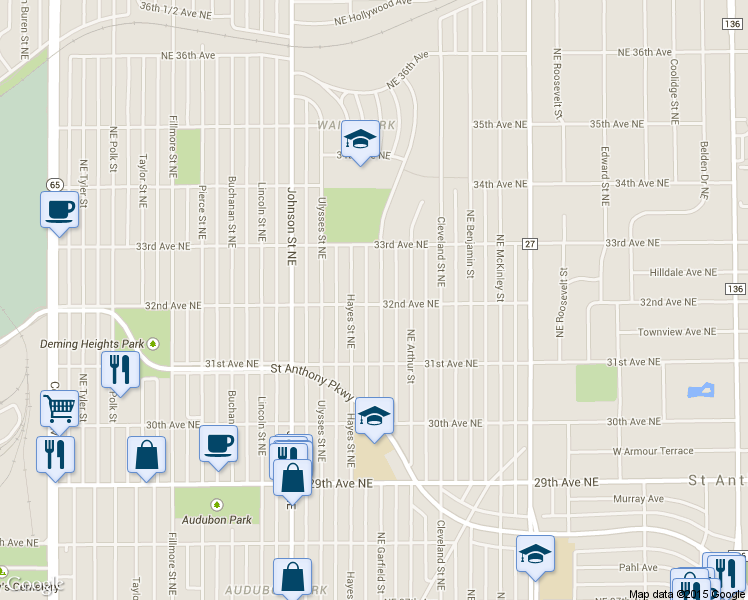 map of restaurants, bars, coffee shops, grocery stores, and more near 3151 Hayes Street Northeast in Minneapolis