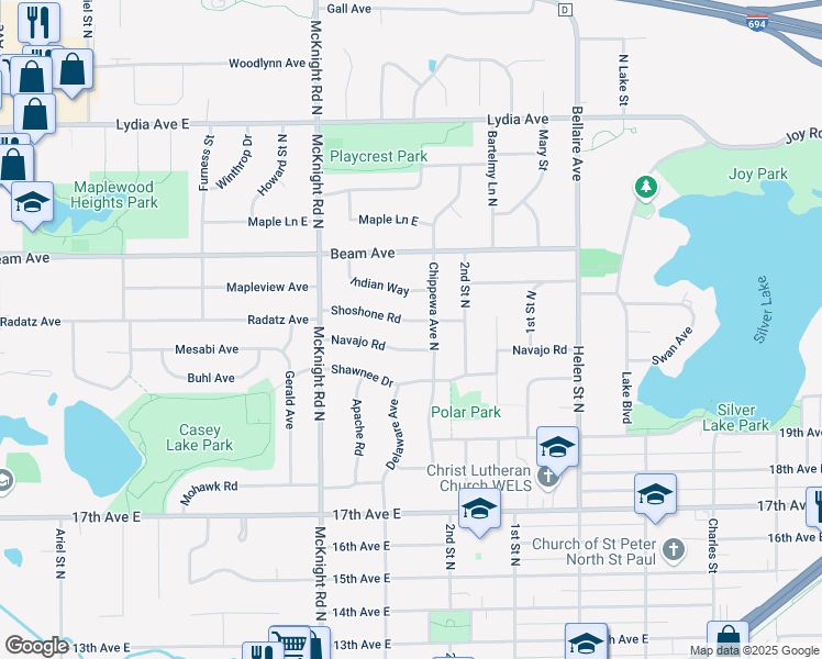 map of restaurants, bars, coffee shops, grocery stores, and more near 2345 Navajo Road in North Saint Paul