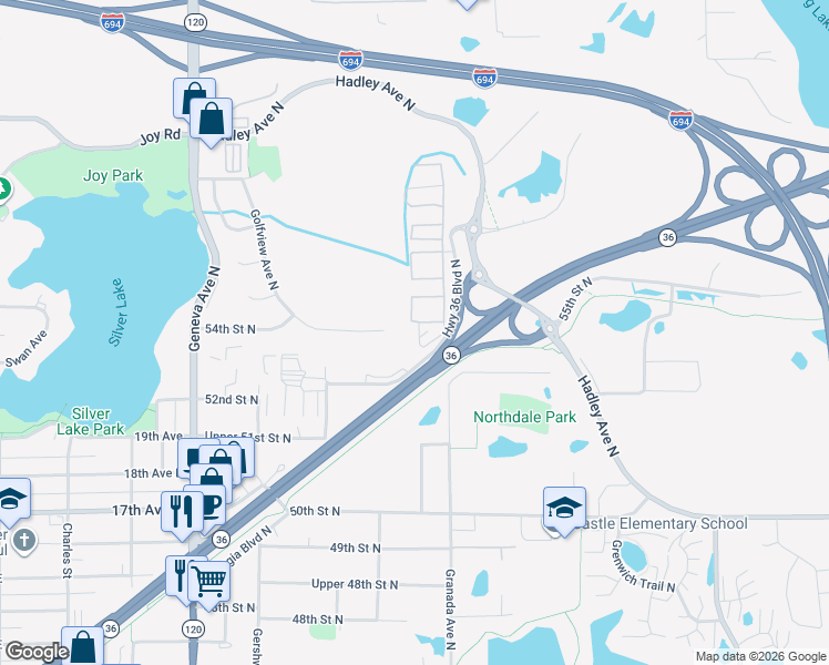 map of restaurants, bars, coffee shops, grocery stores, and more near 6450 Highway 36 Boulevard North in Oakdale
