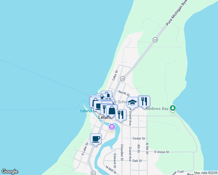 map of restaurants, bars, coffee shops, grocery stores, and more near 311 North Lake Street in Leland