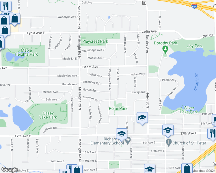 map of restaurants, bars, coffee shops, grocery stores, and more near 2360 Shoshone Road in North Saint Paul
