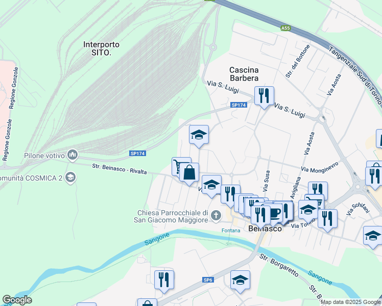 map of restaurants, bars, coffee shops, grocery stores, and more near 19 Via Cristoforo Colombo in Beinasco